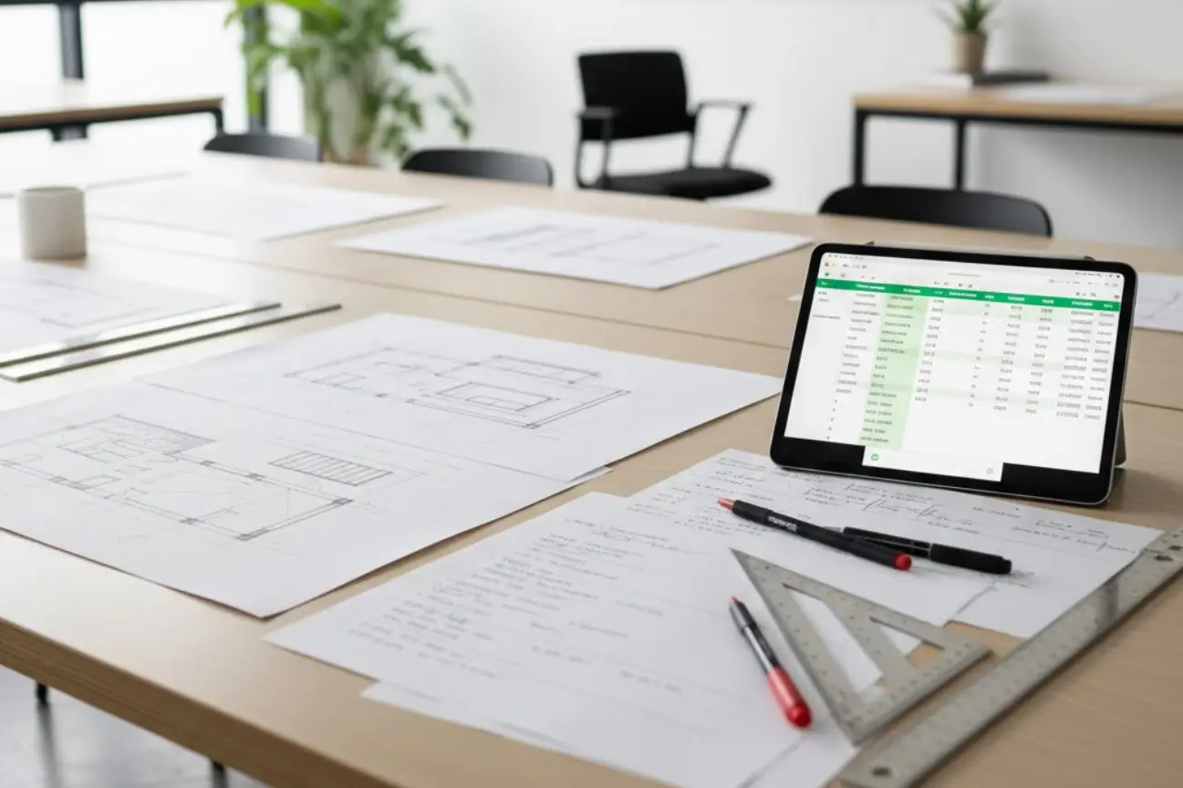 Quantity Surveyors Ireland workspace with construction drawings, cost spreadsheets on tablet, and measurement tools for accurate project budgeting