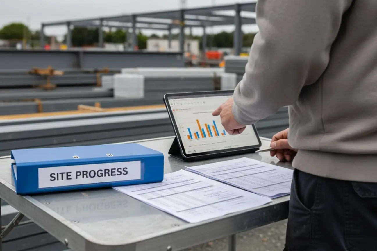 Quantity Surveyors Ireland professional reviewing construction site progress reports and cost analysis data on a tablet at an active project site
